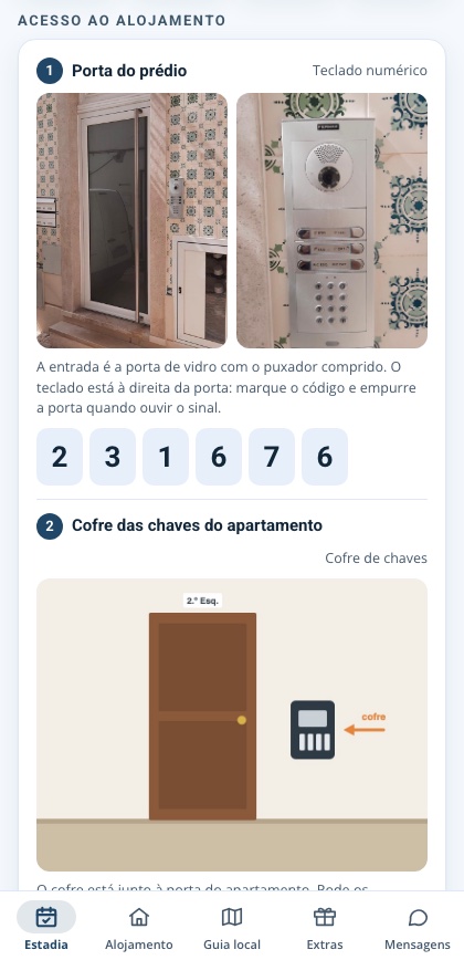 Instruções de acesso: porta do prédio e cofre das chaves, cada um com imagem e o código