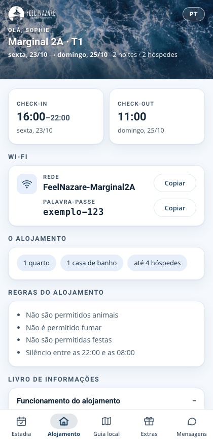 Separador do alojamento: horas de entrada e saída, Wi-Fi, regras e livro de informações