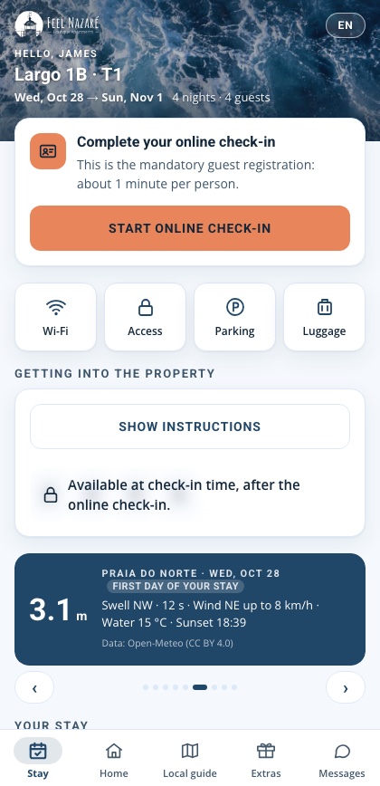 Portal em inglês com o botão para começar o check-in online